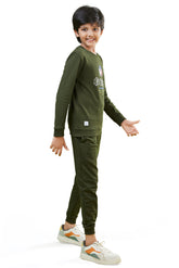 Dark Olive Green Good Vibes Boys Co-Ord Set (T-Shirt & Joggers)